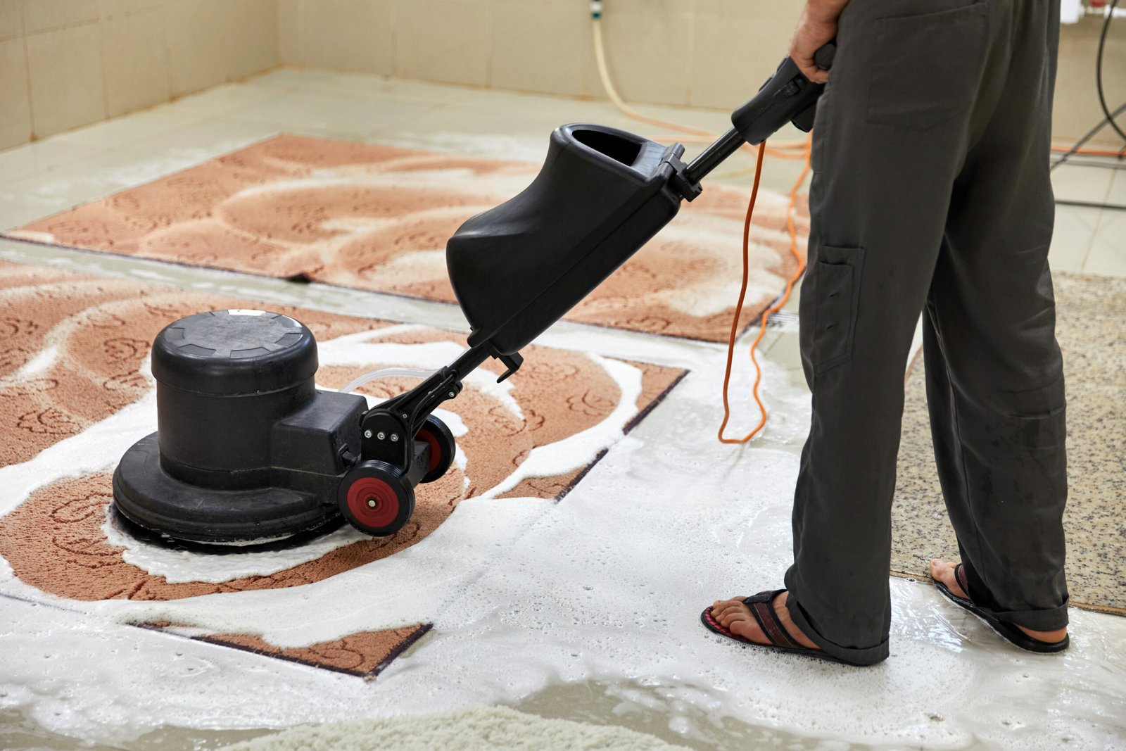 Carpet chemical cleaning with professionally disk machine. Early spring cleaning or regular clean up. High quality photo